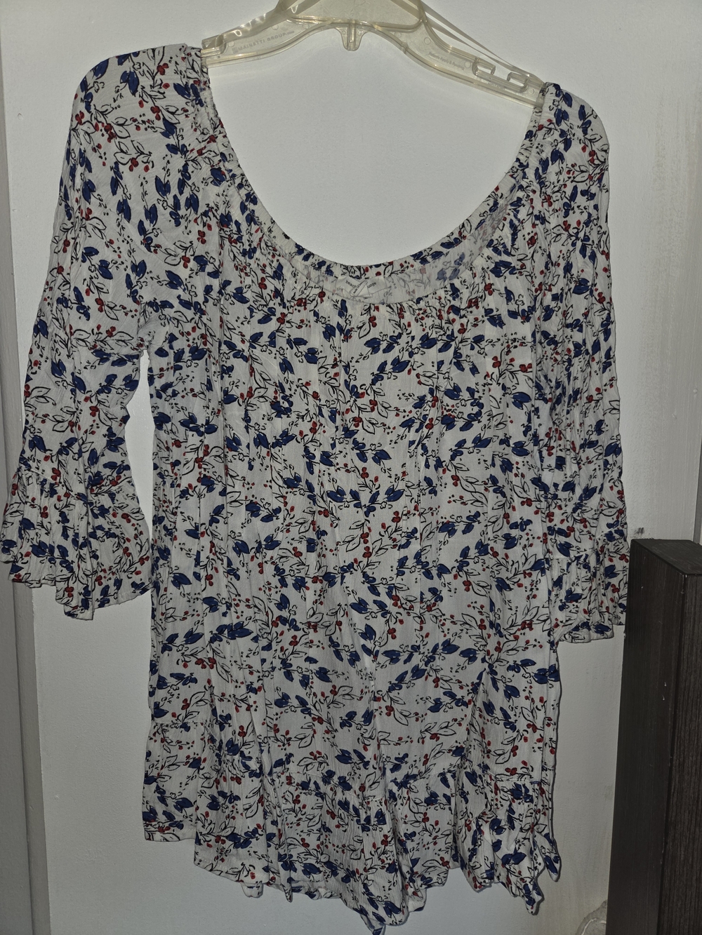 White Floral Scoop-Neck Women’s Dress with Blue & Red Print